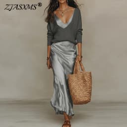 Spring Long Sleeve Loose Sweater Women's Set Elegant V Neck Satin Long Dress Suit Summer Casual Slim Vacation Beach Outfit Mujer