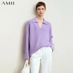 Amii Women's Sweater 2026 Winter New V-neck Loose Long Sleeve Solid Knit Sweater Ladies Basic Versatile Pullover Top 12444194
