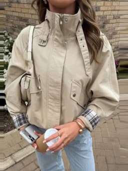 Fashion Stand Collar Strap Buckle Long Sleeve Jacket Utility Pocket Cropped 2026 Fall Casual Women Outerwear Chic Lady Coat