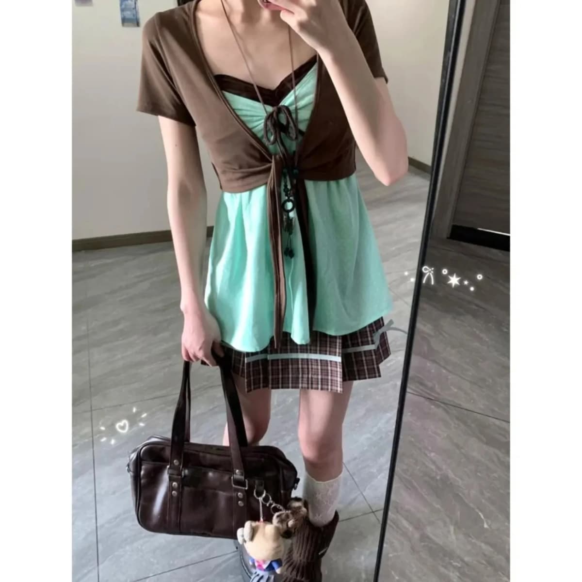 Y2K Korean Style Two Piece Set Women Ruched Front Camisole Top Short Sleeve Cropped Bolero Shrug Sweet Casual Summer Outfits