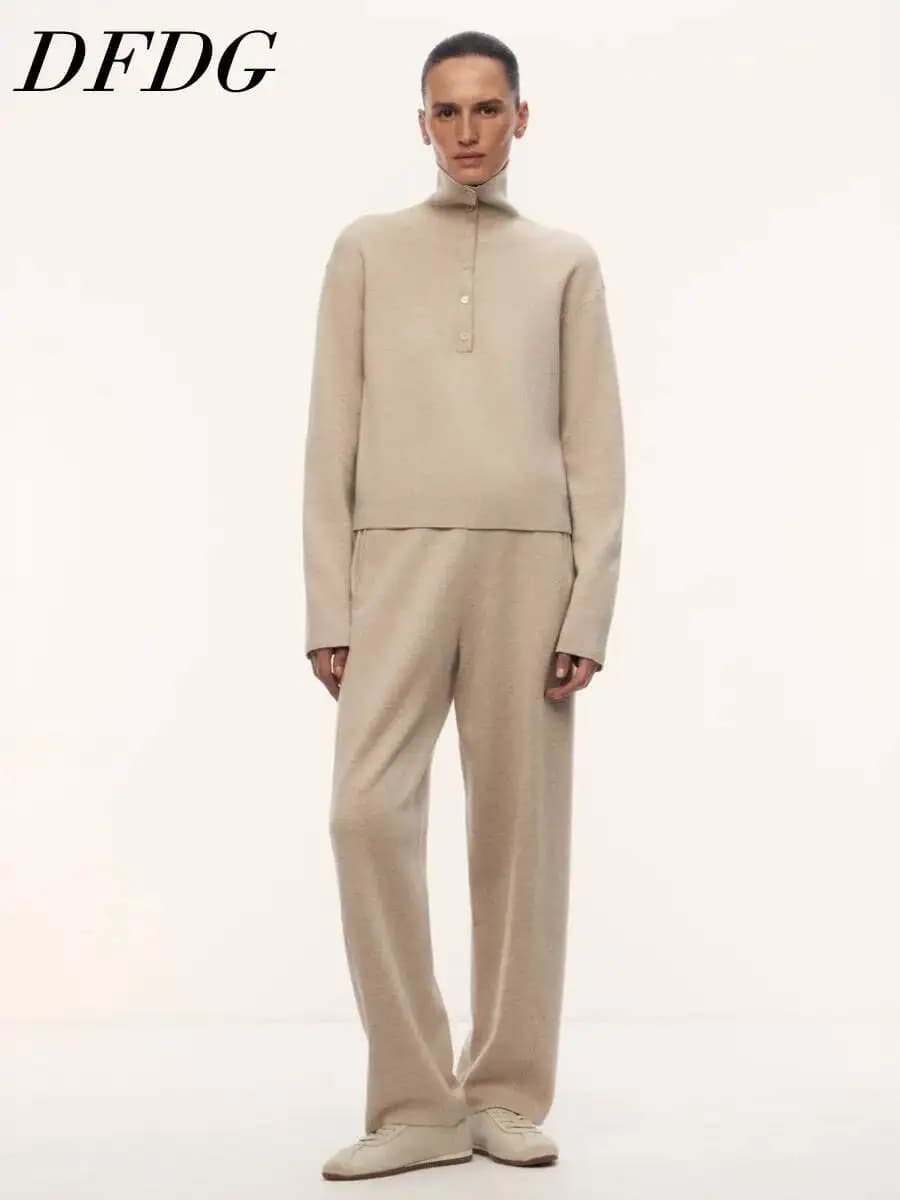 DFDG Women 2026 Spring Autumn Soft Knit Set Half Button Turtleneck Cropped Top High Waist Drape Wide Leg Pants Two Piece Outfit