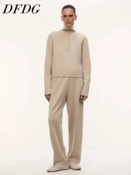 DFDG Women 2026 Spring Autumn Soft Knit Set Half Button Turtleneck Cropped Top High Waist Drape Wide Leg Pants Two Piece Outfit