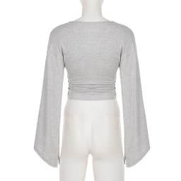 Women Deep V Neck Flare Long Sleeve T-shirts Ruched Waist Solid Loose Fit Y2K Streetwear Crop Top Casual Fall Versatile Tees New