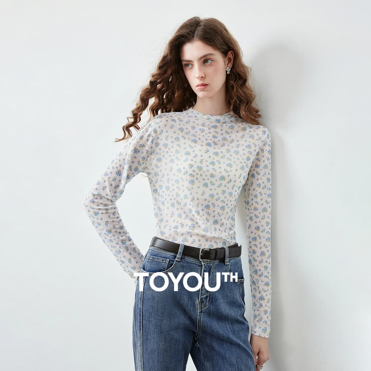 TOYOUTH Women's Floral Print Mesh T Shirt 2026 Fall New Arrival Slim Fit Thin Mock Neck Sheer Second Skin Base Layering Top