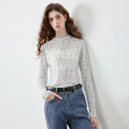 TOYOUTH Women's Floral Print Mesh T Shirt 2026 Fall New Arrival Slim Fit Thin Mock Neck Sheer Second Skin Base Layering Top