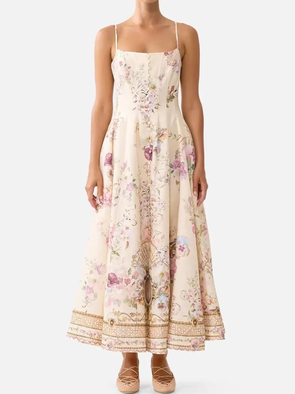 Summer Ladies Flower Print Sling Dress Square Collar High Waist Sleeveless Single Breasted Crystal Beaded Elegant Robe