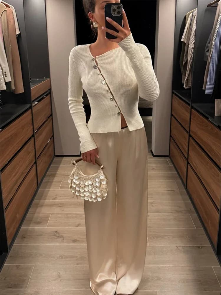 Women Ribbed Short Cardigan Diagonal Silver Shell Button Long Sleeve Irregular Neck Slim Knit Coat Daily Casual Sweater