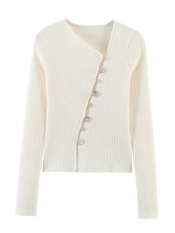 Women Ribbed Short Cardigan Diagonal Silver Shell Button Long Sleeve Irregular Neck Slim Knit Coat Daily Casual Sweater