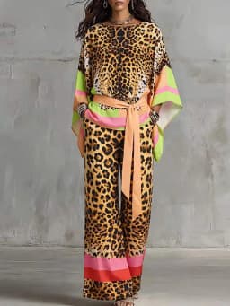 O Neck Short Sleeved Top and Long Pants Casual 2pc Set Fashion Street Commuting Outfits Retro Leopard Print Loose Summer Suit