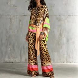 O Neck Short Sleeved Top and Long Pants Casual 2pc Set Fashion Street Commuting Outfits Retro Leopard Print Loose Summer Suit