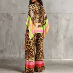 O Neck Short Sleeved Top and Long Pants Casual 2pc Set Fashion Street Commuting Outfits Retro Leopard Print Loose Summer Suit
