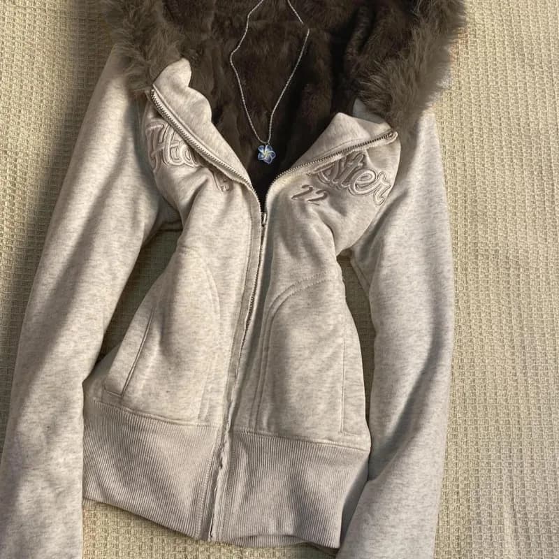 American Y2k Embroidered Fur Collar Hooded Sweatshirt for Women 2026 Autumn Winter New Retro Streetwear Women's Zip Up Hoodie