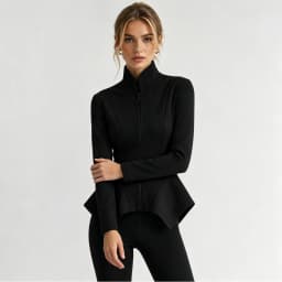 IG Women Stand Collar Zip Up Jacket Elegant Slim Waist Peplum Blazer Long Sleeve Solid Black Irregular Hem Outerwear Fashion