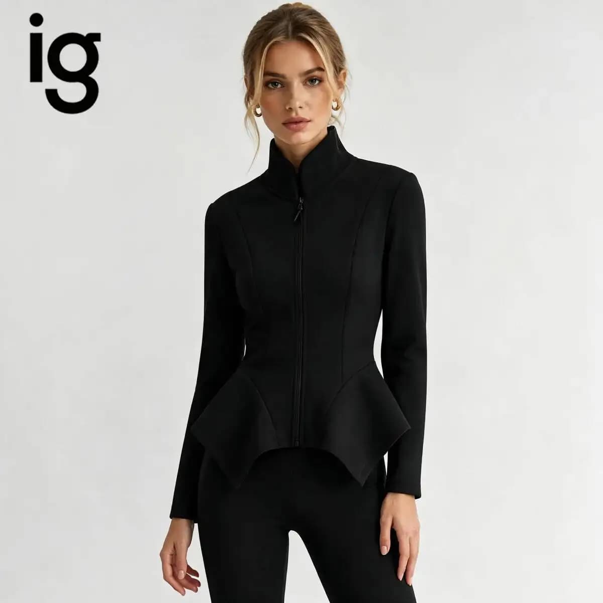 IG Women Stand Collar Zip Up Jacket Elegant Slim Waist Peplum Blazer Long Sleeve Solid Black Irregular Hem Outerwear Fashion