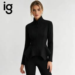 IG Women Stand Collar Zip Up Jacket Elegant Slim Waist Peplum Blazer Long Sleeve Solid Black Irregular Hem Outerwear Fashion