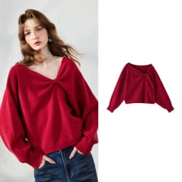 TOYOUTH Women's Dropped Shoulder Knit Sweater 2026 Fall New Arrival V neck with Bow Detail Sweet and Cool French Inspired Top