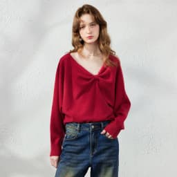 TOYOUTH Women's Dropped Shoulder Knit Sweater 2026 Fall New Arrival V neck with Bow Detail Sweet and Cool French Inspired Top