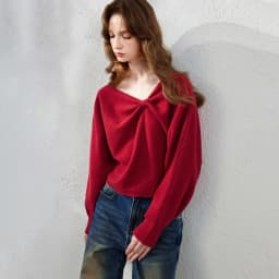 TOYOUTH Women's Dropped Shoulder Knit Sweater 2026 Fall New Arrival V neck with Bow Detail Sweet and Cool French Inspired Top