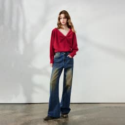 TOYOUTH Women's Dropped Shoulder Knit Sweater 2026 Fall New Arrival V neck with Bow Detail Sweet and Cool French Inspired Top