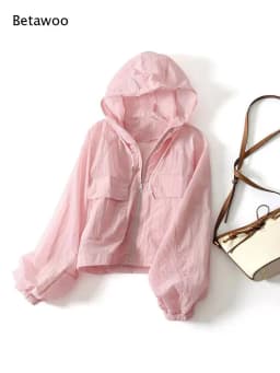 Women Cropped Hooded Windbreaker Jacket Zip Up Pocket Lantern Sleeve Lightweight Outdoor Coat