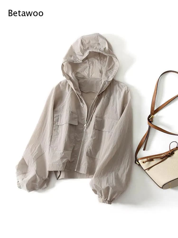 Women Cropped Hooded Windbreaker Jacket Zip Up Pocket Lantern Sleeve Lightweight Outdoor Coat