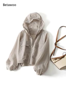 Women Cropped Hooded Windbreaker Jacket Zip Up Pocket Lantern Sleeve Lightweight Outdoor Coat