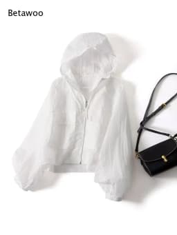Women Cropped Hooded Windbreaker Jacket Zip Up Pocket Lantern Sleeve Lightweight Outdoor Coat