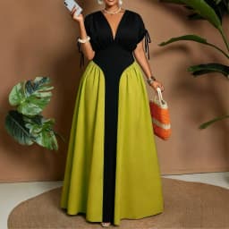 Summer New plus Size Midi Dress V-Neck Pure Color Block Waist Cinched Dress Romantic Style Loose Fit High Waist Polyester Fiber