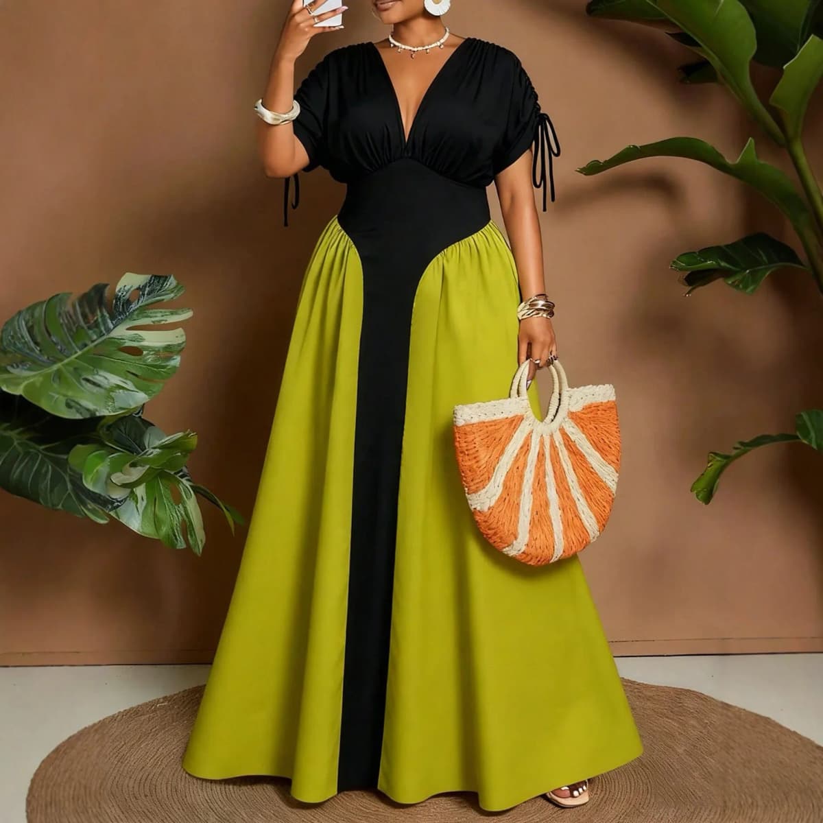 Summer New plus Size Midi Dress V-Neck Pure Color Block Waist Cinched Dress Romantic Style Loose Fit High Waist Polyester Fiber