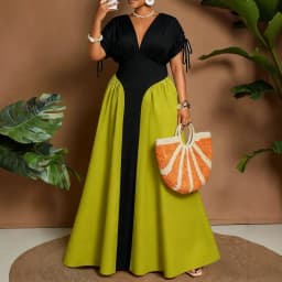 Summer New plus Size Midi Dress V-Neck Pure Color Block Waist Cinched Dress Romantic Style Loose Fit High Waist Polyester Fiber