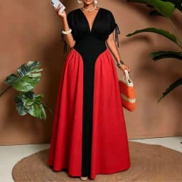 Summer New plus Size Midi Dress V-Neck Pure Color Block Waist Cinched Dress Romantic Style Loose Fit High Waist Polyester Fiber