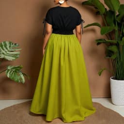 Summer New plus Size Midi Dress V-Neck Pure Color Block Waist Cinched Dress Romantic Style Loose Fit High Waist Polyester Fiber