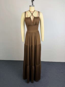 Women Spaghetti Strap Maxi Dress Sheer Waist Mesh Cutout Back Tie‑Up Tiered Ruffle Long Dress Evening Party Vacation Sundress