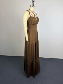 Women Spaghetti Strap Maxi Dress Sheer Waist Mesh Cutout Back Tie‑Up Tiered Ruffle Long Dress Evening Party Vacation Sundress