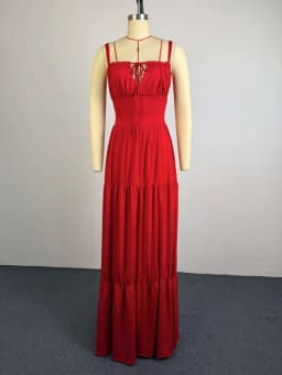Women Spaghetti Strap Maxi Dress Sheer Waist Mesh Cutout Back Tie‑Up Tiered Ruffle Long Dress Evening Party Vacation Sundress