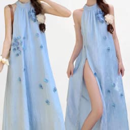 Women's French Style Invisible Zipper Sexy Dresses Outdoor Exposed Play Easy Dress Cute Floral Printing Sleeveless Long Skirts