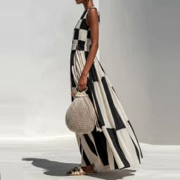 Fashion Checkered Large Swing Dress Casual O-Neck High Waist Beach Vacation Dress 2026 Summer Comfortable Sleeveless Long Dress