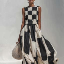 Fashion Checkered Large Swing Dress Casual O-Neck High Waist Beach Vacation Dress 2026 Summer Comfortable Sleeveless Long Dress