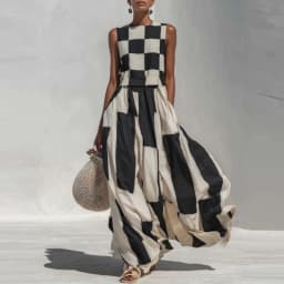 Fashion Checkered Large Swing Dress Casual O-Neck High Waist Beach Vacation Dress 2026 Summer Comfortable Sleeveless Long Dress