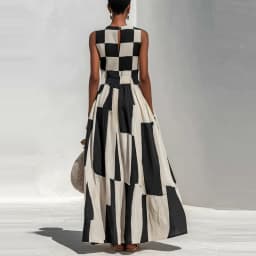 Fashion Checkered Large Swing Dress Casual O-Neck High Waist Beach Vacation Dress 2026 Summer Comfortable Sleeveless Long Dress
