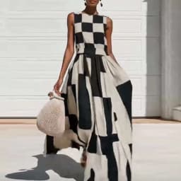 Fashion Checkered Large Swing Dress Casual O-Neck High Waist Beach Vacation Dress 2026 Summer Comfortable Sleeveless Long Dress