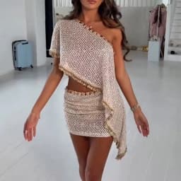 Simple Solid Sequin Slim Fit Banquet Set 2026 Sexy Sleeveless Irregular Suit Fashion Off Shoulder Top with Skirt Women's Outfit