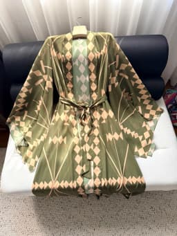 Classic waist slimming geometric pattern printed cloak jacket elastic waist straight leg pants elegant vacation women's set