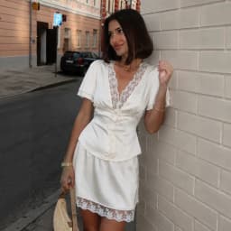 Llinar French-Style V-Neck Lace-Trimmed Satin Tie-Front Blouse and Skirt Set for Women 2026 Summer Skirt Set for Women