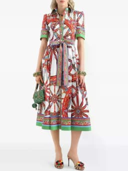 Designer style retro geometric print lapel tie waist dress 2026 summer women's fashionable loose straight leg shirt skirt