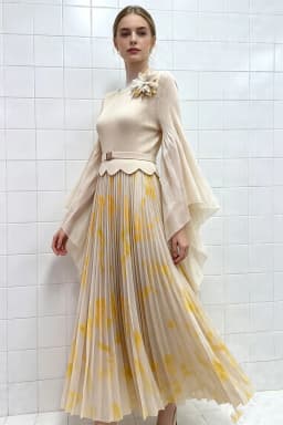 Miyake Pleated Dress Fuchsia Floral Print Bell Sleeve 3D Flower Shoulder Belted Midi Skirt Women Elegant Party Gown