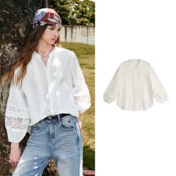 TOYOUTH Liberte Series Womens Lyocell Ramie Blouse 2026 Autumn New Lace Trim Lantern Sleeve Casual Shirt