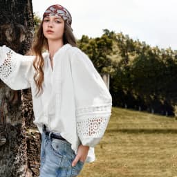 TOYOUTH Liberte Series Womens Lyocell Ramie Blouse 2026 Autumn New Lace Trim Lantern Sleeve Casual Shirt
