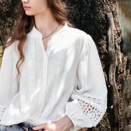 TOYOUTH Liberte Series Womens Lyocell Ramie Blouse 2026 Autumn New Lace Trim Lantern Sleeve Casual Shirt