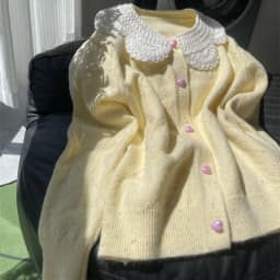 Women Lace Collar Sweet Cardigan Heart Button Knit Sweater Flecked Yarn Jumper Cute Yellow Preppy Top Winter Coat